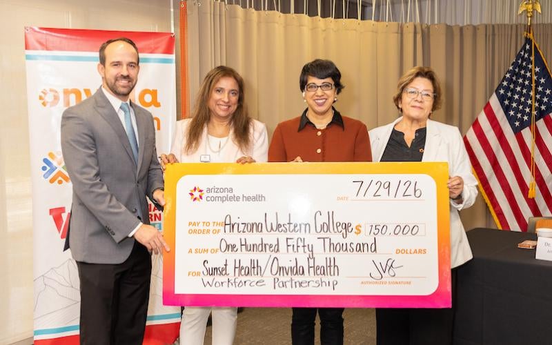 Press conference and check presentation ceremony on July 29, 2026 at Arizona Western College, featuring a panel discussion with AWC President Dr. Reetika Dhawan, Onvida Health Senior Vice President & Chief Strategy Officer Justin Farren, Sunset Health Senior Director of Clinical Operations & Education Dr. Saika Somjee, and Arizona Complete Health Regional Manager of Community Affairs Maria Chavoya. 